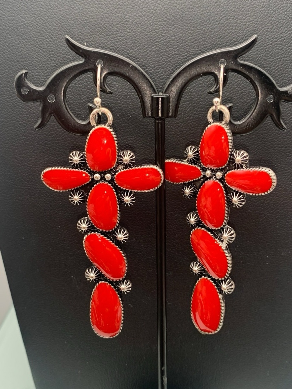 Silver tone and Red enamel Cross boho southwestern Drop Earrings - Women Jewelry